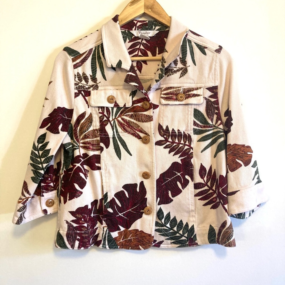 Vintage Chic 3/4 Sleeve Leaf Print Jacket